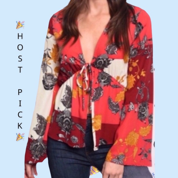 Tops - Burgundy Coral Multicolor Bell Sleeve Tie Top